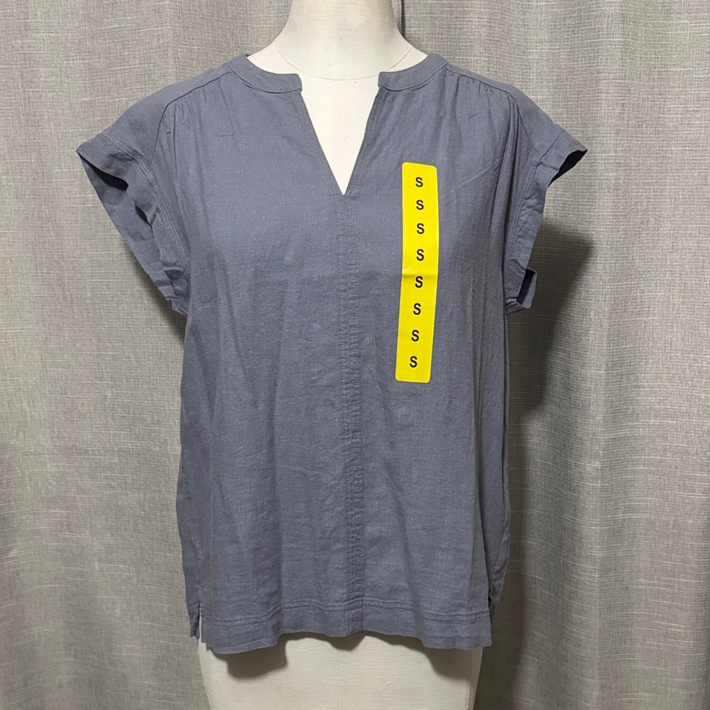 NWT Splendid Linen Viscose Blend Popover Blouse-Sz S-Chambray Blue-V Neck